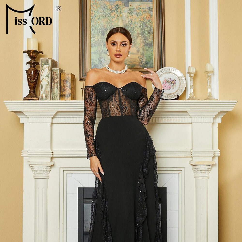 Off shoulder lace ruffle evening dress